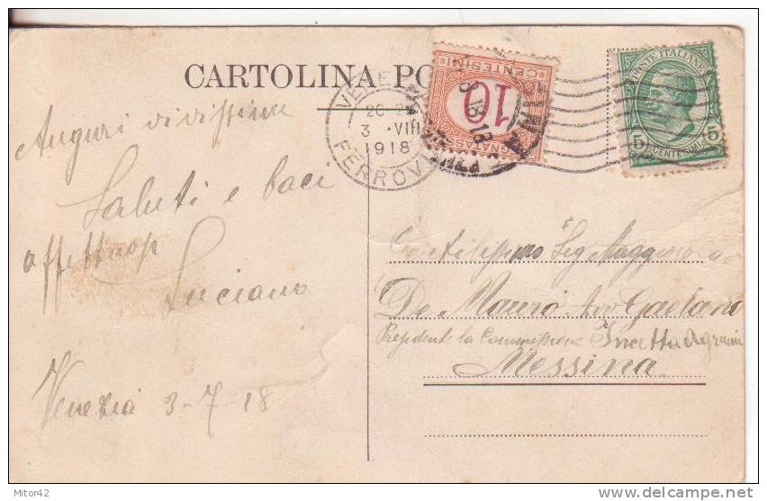 7*-Tassate-Segnatasse-Venezia-Veneto-Nuova Via Goldoni-Hotel Bonvecchiati-Animata-5c.Leoni Tassata 10c.-1918 X Messina - Postage Due