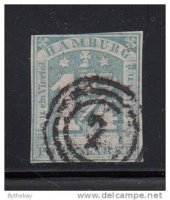 Hamburg Used Scott #9c  1 1/4s Numeral, Blue  Cancel: 3-ring '2' - Reprint? - Hambourg