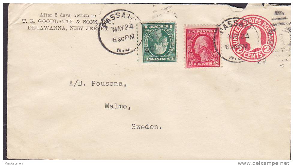 United States Uprated Private Postal Stationery Ganzsache T.R. GOODLATTE & SONS, PASSANO 1922 To MALMÖ Sweden - 1921-40