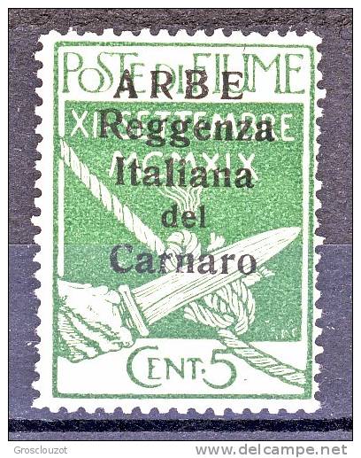 Arbe 1920 Francobolli Di Fiume Soprastampati Reggenza Italiana Del Carnaro SS 51 N. 5 C. 5 Verde MNH Cat. € 110 - Arbe & Veglia