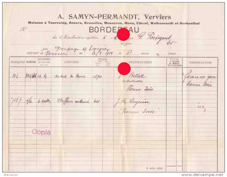 VERVIERS 1914 SAMYN PERMANDT + Bruxelles Welkenraedt Herbesthal Mons Elbeuf Tourcoing Mouscron Anvers - 1900 – 1949