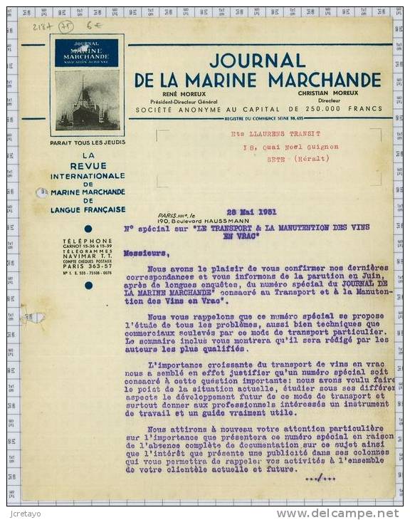 Journal De La Marine Marchande  à Paris, Dept 75 - Printing & Stationeries