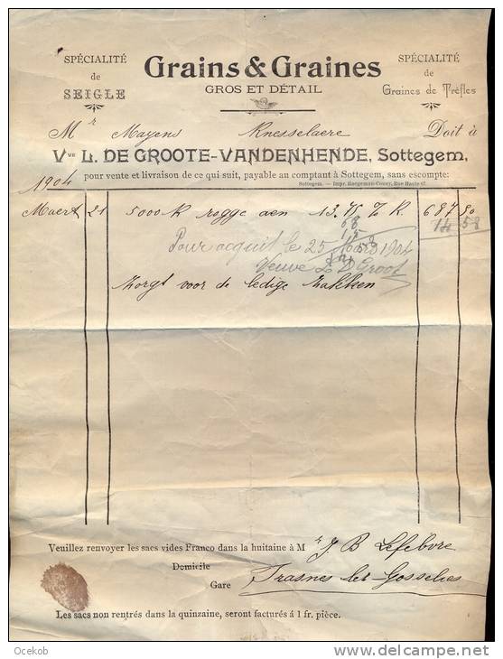 Factuur Brief Lettre Grains De Groote - Vandenhende Zottegem 1904 - 1900 – 1949