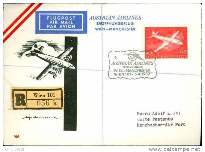 AUA (AUSTRIAN AIRLINES) FIRST FLIGHT VIENNA-MANCHESTER REGISTERED 1959 - Storia Postale