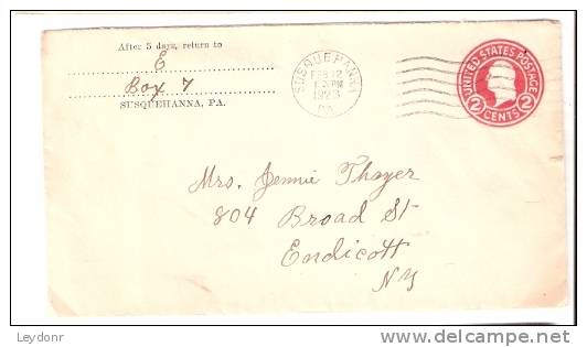 George Washington 2 Cent - Susquehanna, PA 1923 To Endicott N.Y. - Note Still In Envelope - 1921-40