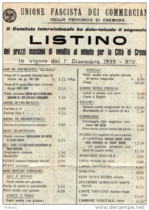 PIEGO POSTALE -UNIONE FASCISTA DEI COMMERCIANTI  PROVINCIA  DI CREMONA-LISTINO PREZZI-CREMONA 1-12-1935 - Altri & Non Classificati