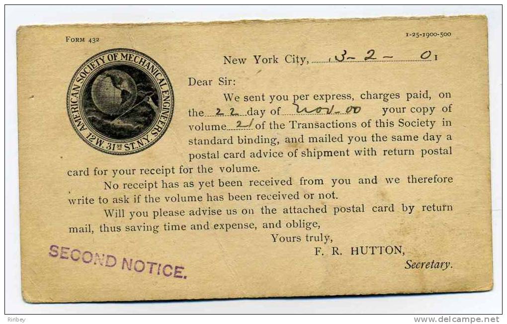 Entier Postal / Message Card/ USA Repiqué Pour  AMERICAN SOCIETY OF MECHANICAL ENGINEERS / 1901 / NEW YORK CITY To PARIS - 1901-20