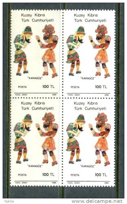 1986 NORTH CYPRUS TURKISH SHADOW SHOW KARAGOZ BLOCK OF 4 MNH ** - Neufs