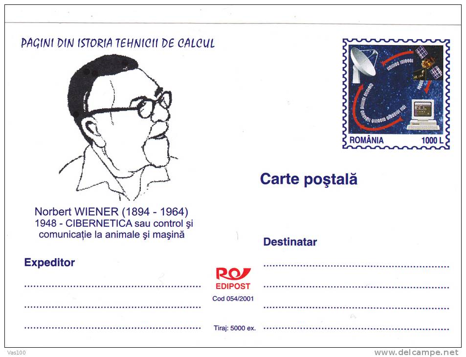 NORBERT WIENER CYBERNETICS,POSTCARD STATIONARY UNUSED,DELUX EDITION TIRAJ ONLY 5000, 2001,ROMANIA - Computers