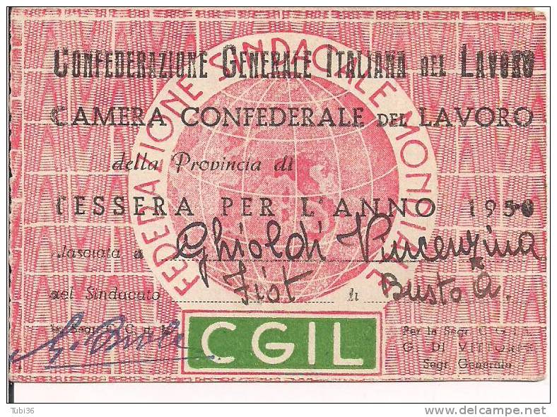 CGIL, TESSERA ANNO 1950, VARESE, - Syndicats