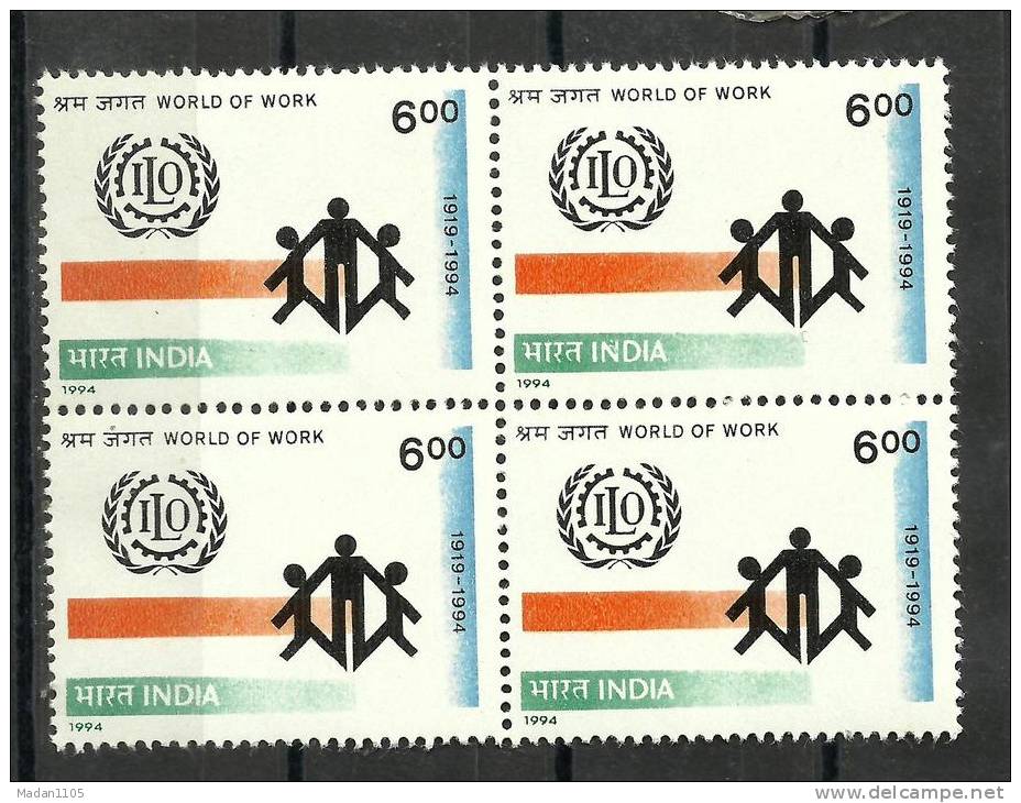 INDIA, 1994, Aniversary Of International Labour Organisation, ILO, World Of Work,Block Of 4,  MNH, (**) - Unused Stamps