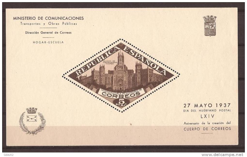 ESBE17SF-L20940TEHC.Spain.Es Pagne.BENEFICENCIA.PALACIO   DE COMUNICACIONES  1937.(Ed  17**).sin Charnela. - Feuillets Souvenir