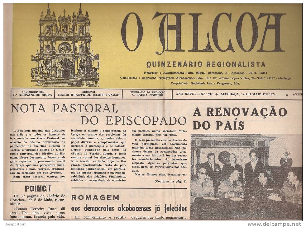 Alcobaça - Jornal "O Alcoa" Nº 1332 De 17 De Maio De 1974. Leiria (2 Scans) - Magazines