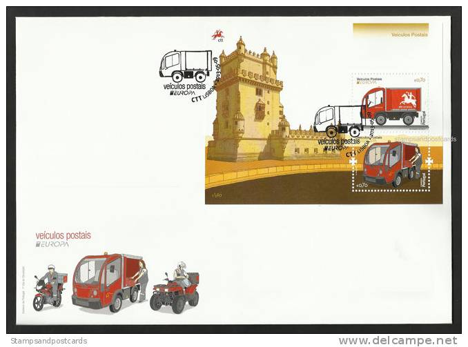 Portugal Europa CEPT 2013 Voiture Poste Fourgonnete électrique FDC Avec Bloc Postal Vehicles Electric Van S/s FDC - 2013