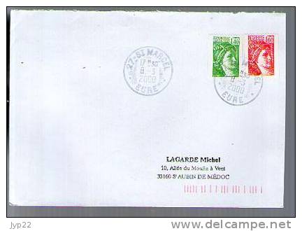 France Lettre CAD Saint Marcel Eure 8-03-2000 / Tp Sabine Roulette 2157 & 2158 - N° 080 ? Rouge Au Dos Du 2157 - Roulettes