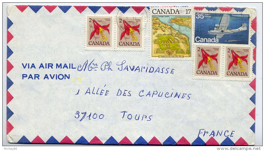 1982-Lettre Du Canada(Québec) Pour La France(Tours)--timbres Fleur,avion,lac Niagara)-marque Jaune Phosphorescente 21 U - Cartas & Documentos