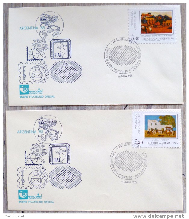 LOT 2X Enveloppe FDC + Timbre Oblitere Argentina Exposicion Filatelia Buenos Aires Emission 14-07-1985 Sobre Oficial - Buenos Aires (1858-1864)