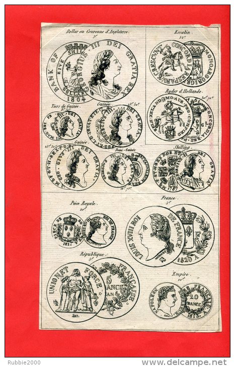 TABLEAU DE CORRESPONDANCE DES MONNAIES OR VERS 1820 PIECE ROYALE EMPIRE REPUBLIQUE DOLLAR D ANGLETERRE RYDER D HOLLANDE - Abarten Und Kuriositäten