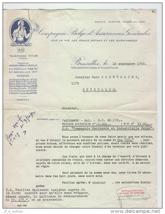 AG Lettre De Suite Judiciaire Pour Défaut De Prime Cie Marchande Et Industrielle Belge 1952 - Bank & Versicherung