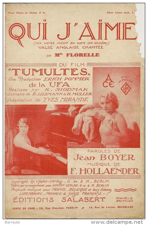 Partition Affichette 1932 QUI J´AIME Par Melle FLORELLE Du Film TUMULTE Paroles De Jean BOYER Musique F.HOLLAENDER - Filmmusik