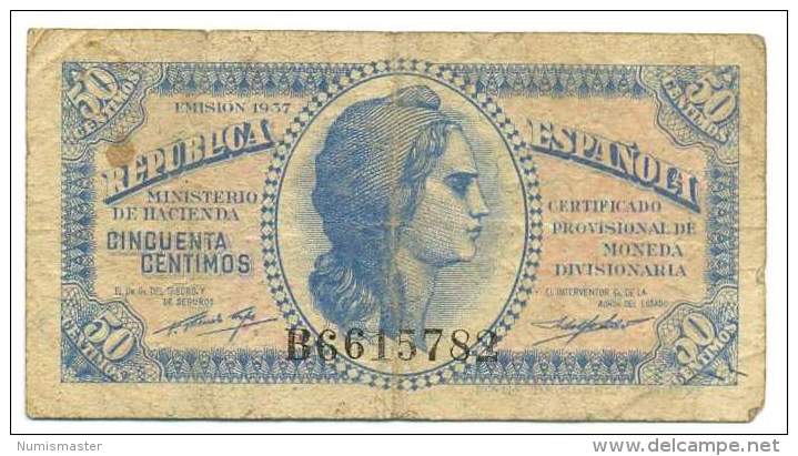 SPAIN , 50 CENTIMAS 1937 ,  P-93 - 1-2 Pesetas