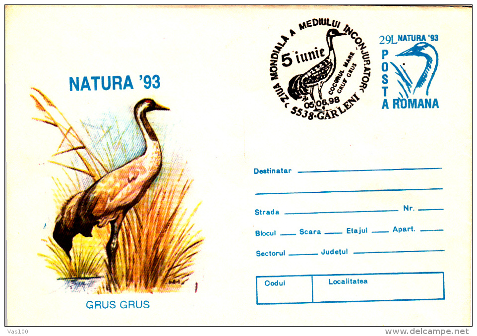 BIRDS, GRUS GRUS, COVER STATIONERY, ENTIERE POSTAUX, 1998, ROMANIA - Storchenvögel