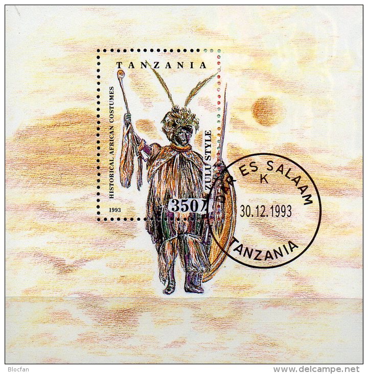 Trachten 1992 Krieger Zulu Tanzanie Block 236 O 3€ Stammestracht Sculptur Man Blocchi Hoja Ss Bloc Art Sheet Bf Tanzania - Cirque