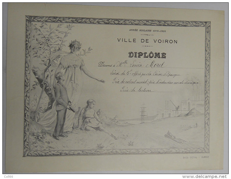 1919-1920 Ville De Voiron Diplôme Ecole Prix Lecture  Illustration Eug Delabarre éditeur Paul Duval Elbeuf - Diplômes & Bulletins Scolaires