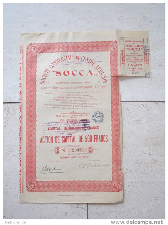 SOCCA - Société Commerciale Du Centre Africain - Anciennement Valckenaere Frères - Action De Capital De 500 Francs - Afrique