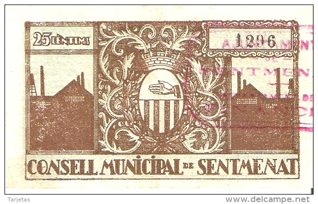 BILLETE DE 25 CTS DEL CONSELL MUNICIPAL DE SENTMENAT (SELLO ROJO) DEL AÑO 1937 (BANKNOTE) - Autres & Non Classés