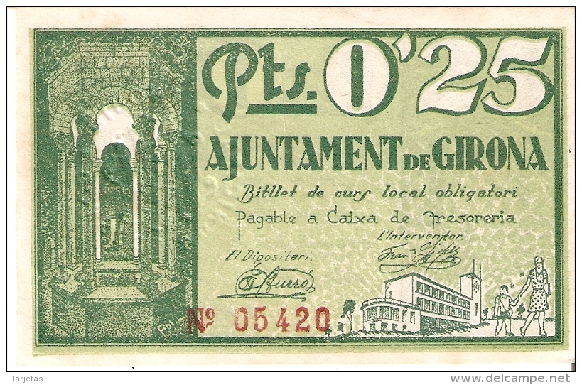 BILLETE DE 25 CTS DEL AJUNTAMENT DE GIRONA  (SELLO SECO) DEL AÑO 1937 (BANKNOTE) - Other & Unclassified