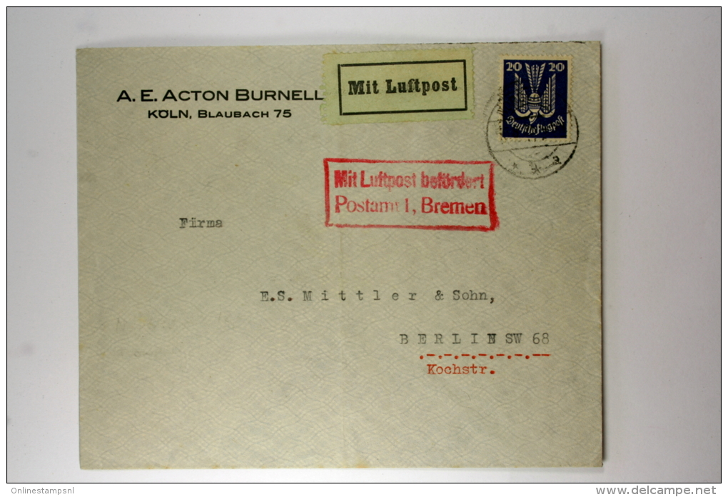 Deutsche Reich: AE Action Burnell Luftpost Brief , Gremen - Berlin, Mit Lüftpost... - Posta Aerea & Zeppelin