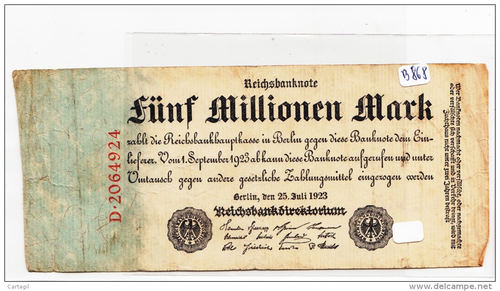 Billets - B868-  Allemagne   - Billet Fünf  Millionen   Mark 1923 ( Type, Nature, Valeur, état... Voir Scan) - 5 Mio. Mark