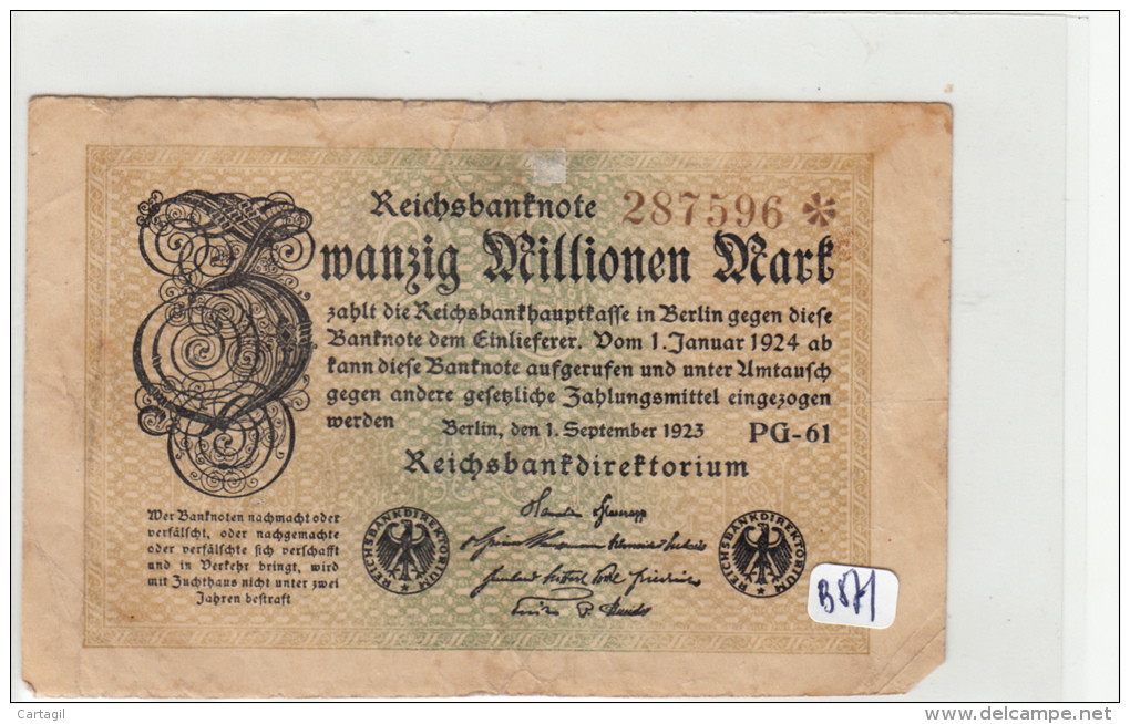 Billets - B872-  Allemagne   - Billet Zwanzig   Millionen   Mark 1923 ( Type, Nature, Valeur, état... Voir Scan) - 20 Millionen Mark