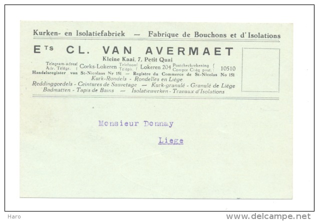 Carte Lettre Fabrique De Bouchons Ets Cl. Van Avermaet à LOKEREN 1937 (b120) - Lokeren