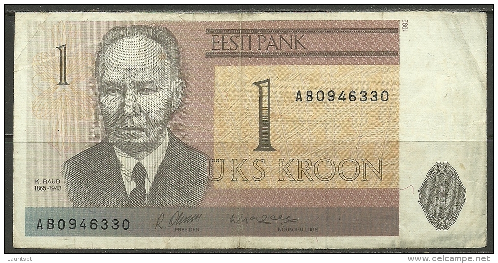 Estland Estonia Estonie 1 Kroon 1992 Kristjan Raud Banknote Bank Note - Estonie