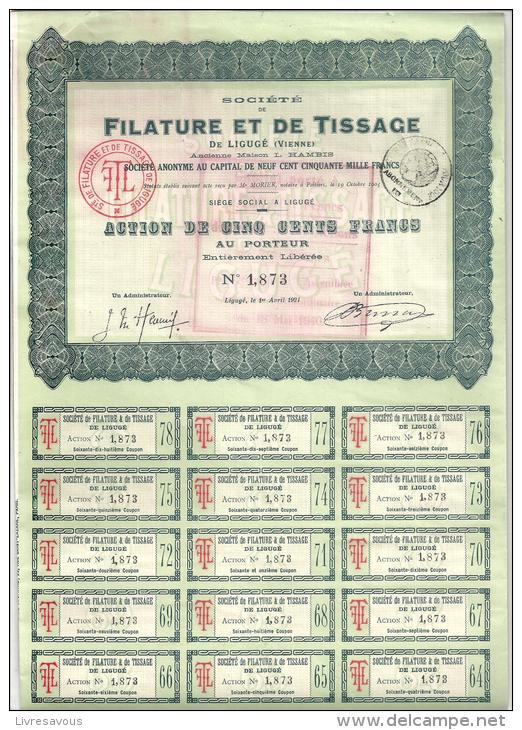 Action De 500 Francs N° 1873 De La Société Filature Et De Tissage De Ligugé (86) De 1921(Ancienne Maison Hambis) - Textile