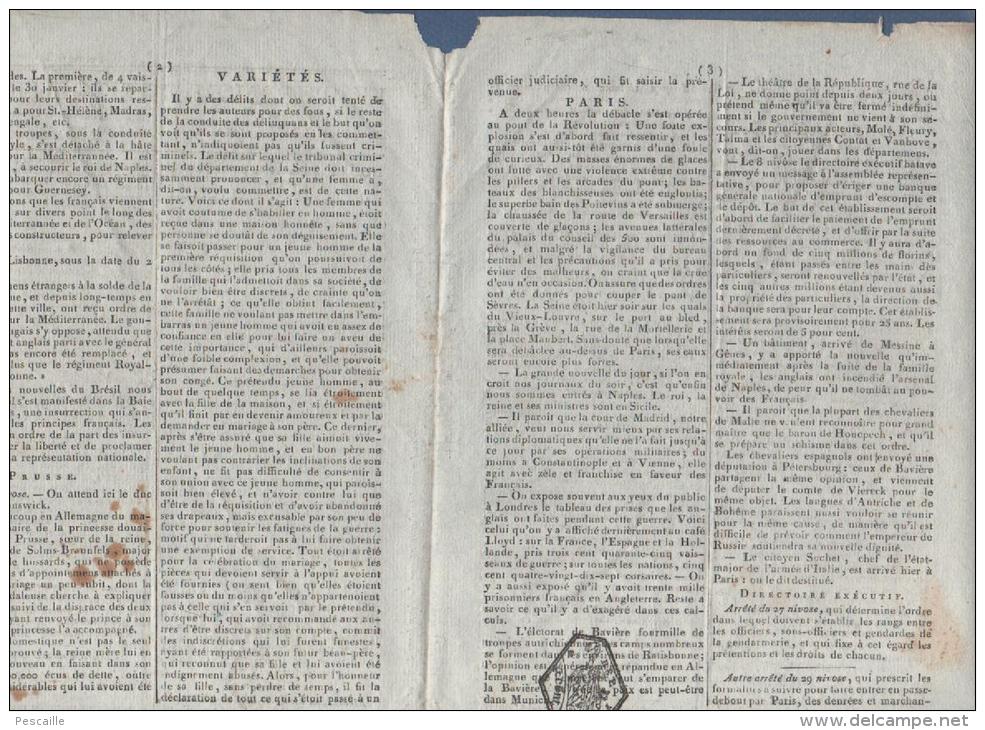1799 - LE THERMOMETRE POLITIQUE 9 PLUVIOSE AN 7 - NAPLES - CADIX - LISBONNE - PRUSSE - PARIS DEBACLE SEINE - TRIBUNAUX - Zeitungen - Vor 1800