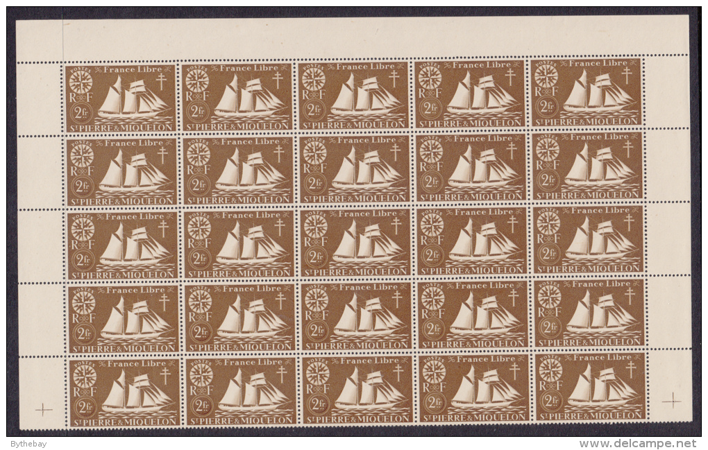 St Pierre Et Miquelon 1942 MNH Scott #308 Block Of 25 2fr St. Malo Fishing Schooner - Blocks & Sheetlets