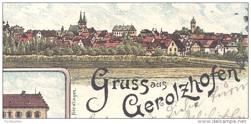 ALTE LITHO-POSTKARTE GRUSS AUS GEROLZHOFEN 1897 Rentamtsgebäude Bahnhof Marktplatz Bezirksamtsgebäude Cpa Postcard AK - Gerolzhofen