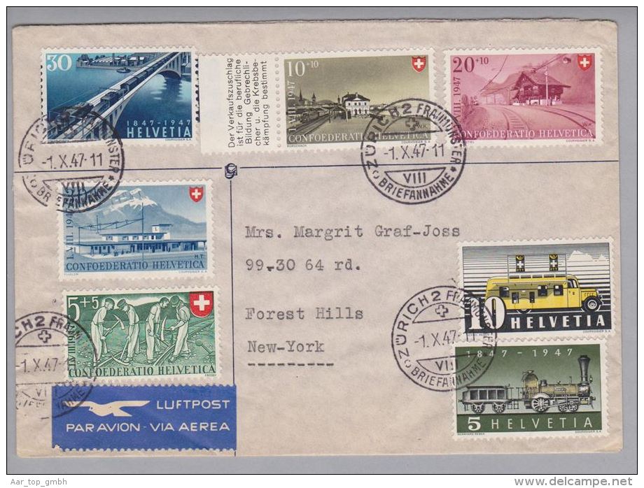 Schweiz Pro Patria 1947-10-01 Zürich2 Luftpost Satzbrief Zusatzfrank. Nach New York - Briefe U. Dokumente