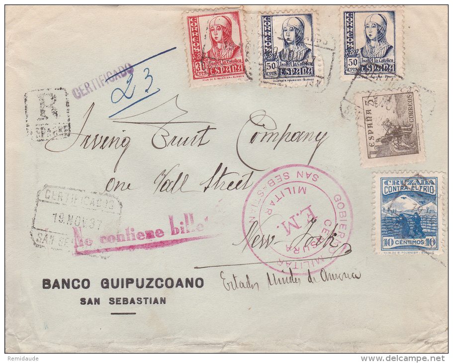 ESPAGNE - 1937 - ENVELOPPE RECOMMANDEE De SAN SEBASTIAN Avec RARE CENSURE Pour NEW YORK (USA) + VIGNETTE PATRIOTIQUE - Nationalists Censor Marks