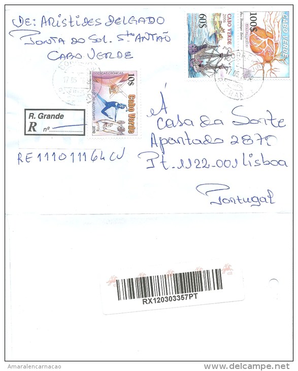 LETTRE RECOMMANDÉE -CAP VERT - TIMBRES DIVERS - UN TIMBRE DE LA ROUTE INTERNATIONAL ESCLAVES (RIBEIRA GRANDE) ET AUTRES - Cap Vert