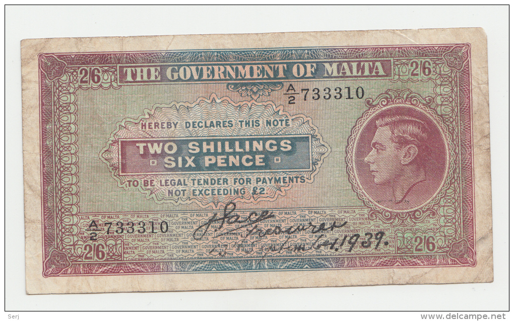 Malta 2 Shillings 6 Pence 1939 AVF RARE Banknote P 11 - Malta