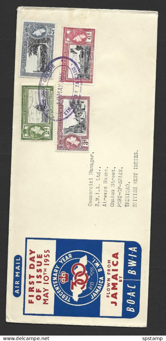 Jamaica 1955 Tercentenery Set 4 On Illustrated Locally Addressed FDC , Oval Violet Date Stamp - Jamaica (...-1961)