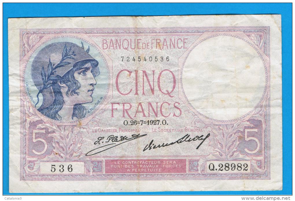 FRANCIA - FRANCE = 5 Francs 1927  P-72 - 5 F 1917-1940 ''Violet''