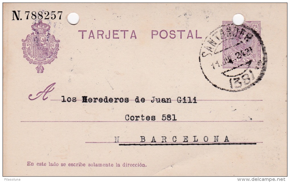 00037 Entero Postal Santander A Barcelona 1924 - 1850-1931