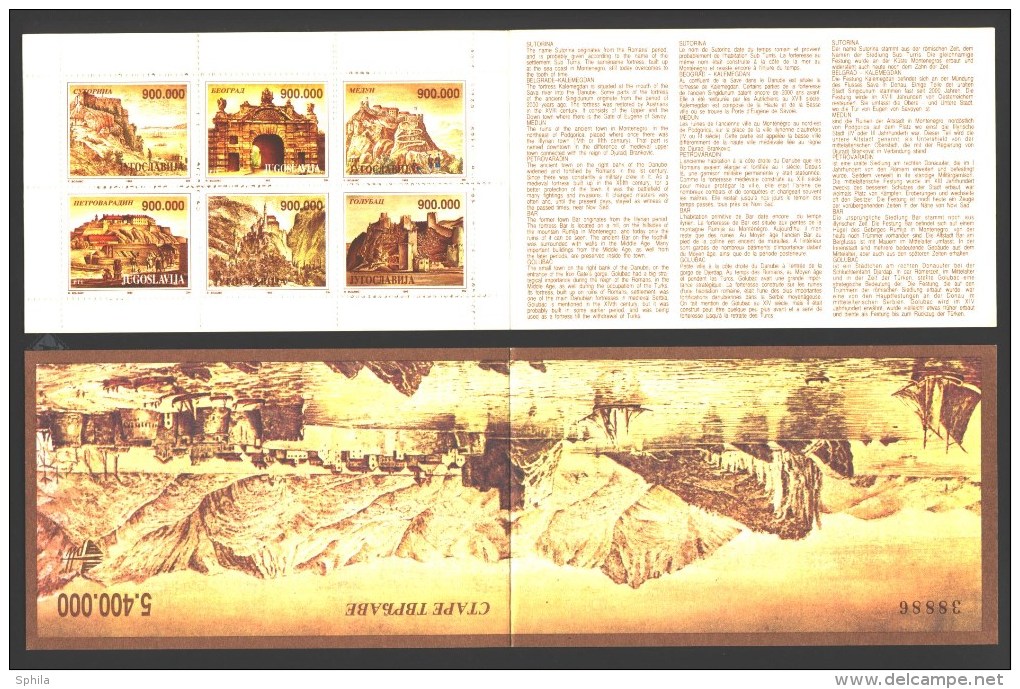 Jugoslawien - Yugoslavia 1993 Old Fortresses Booklet MNH, 5 X; Michel # 2608-13 (MH 6) - Postzegelboekjes