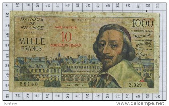 RARE: 10 NF Sur 1000 Frs Richelieu, Fayette 53/1, TTB Avec Taches - 1955-1959 Aufdrucke Neue Francs