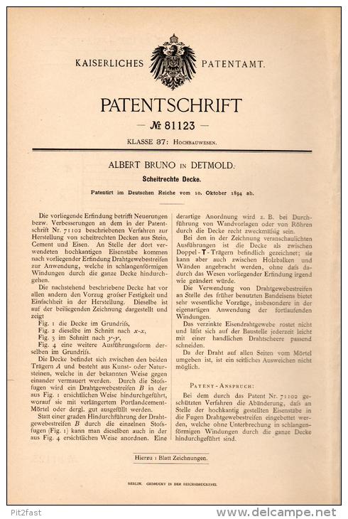 Original Patentschrift - A. Bruno In Detmold , 1894 , Scheitrechte Decke , Hochbau , Maurer , Hausbau , Architekt !!! - Architecture